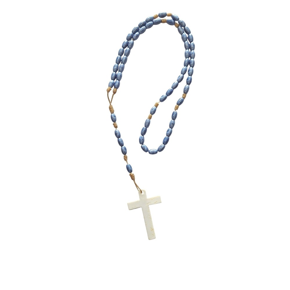 Vintage Blue Marbled Bead Rosary Necklace White Plastic Cross 17 Inch Catholic